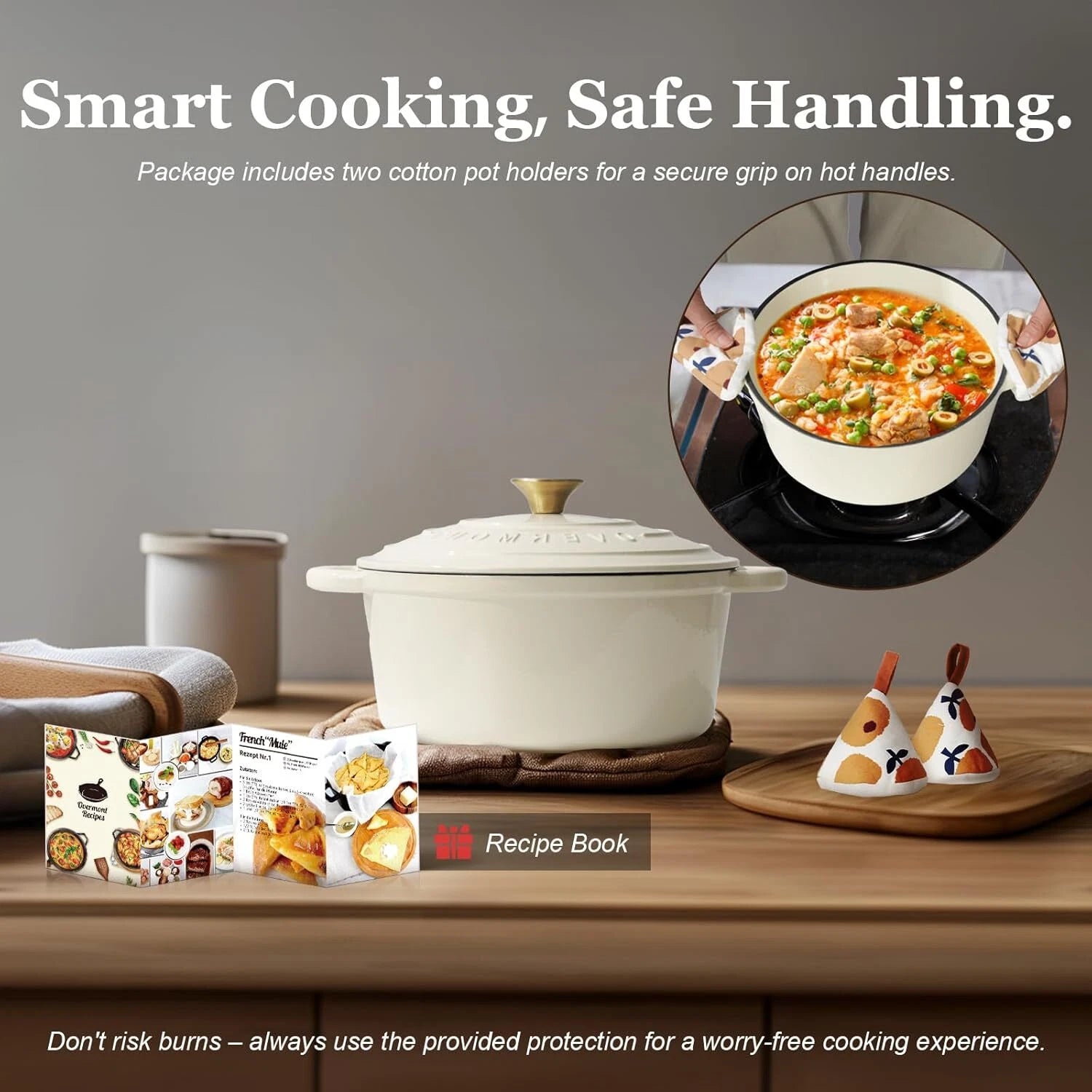 Enameled Cast Iron Dutch Oven - 5.5QT Pan with Lid Cookbook and Cotton Pan Mat 07FC0E-D4 - KOEEK