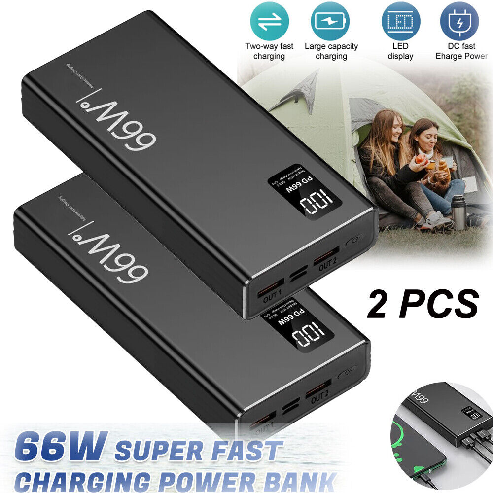 ny 1-2X 30000mAh 66W Power Bank bærbar PD 20W hurtiglader 2USB eksternt batteri