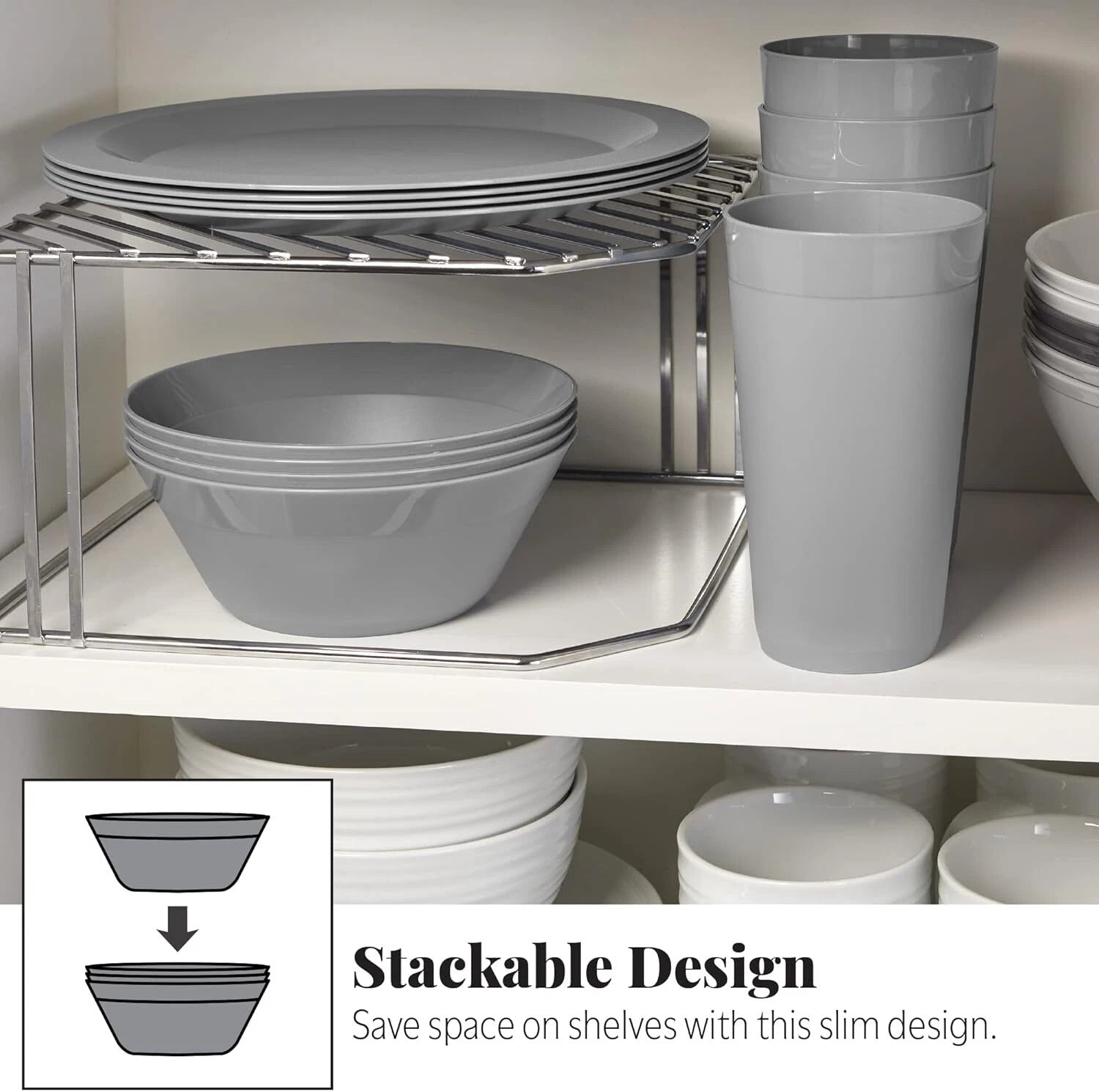 port Plastic Plate,Bowl and Tumbler Dinnerware Set for 4 in Grey Stone|12-Pic 07FC0E-D4 - KOEEK