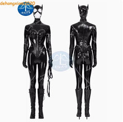 Women Fullbody Black Catwoman PU Costume Cloth Mask Whip Zipper Patch Halloween 07FC0E-D4 - KOEEK