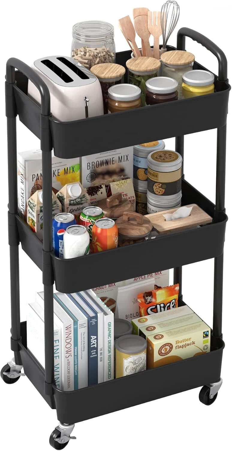 3-Tier Plastic Rolling Utility Cart with Handle,Multi-Functional Storage Trolley 07FC0E-D4 - KOEEK
