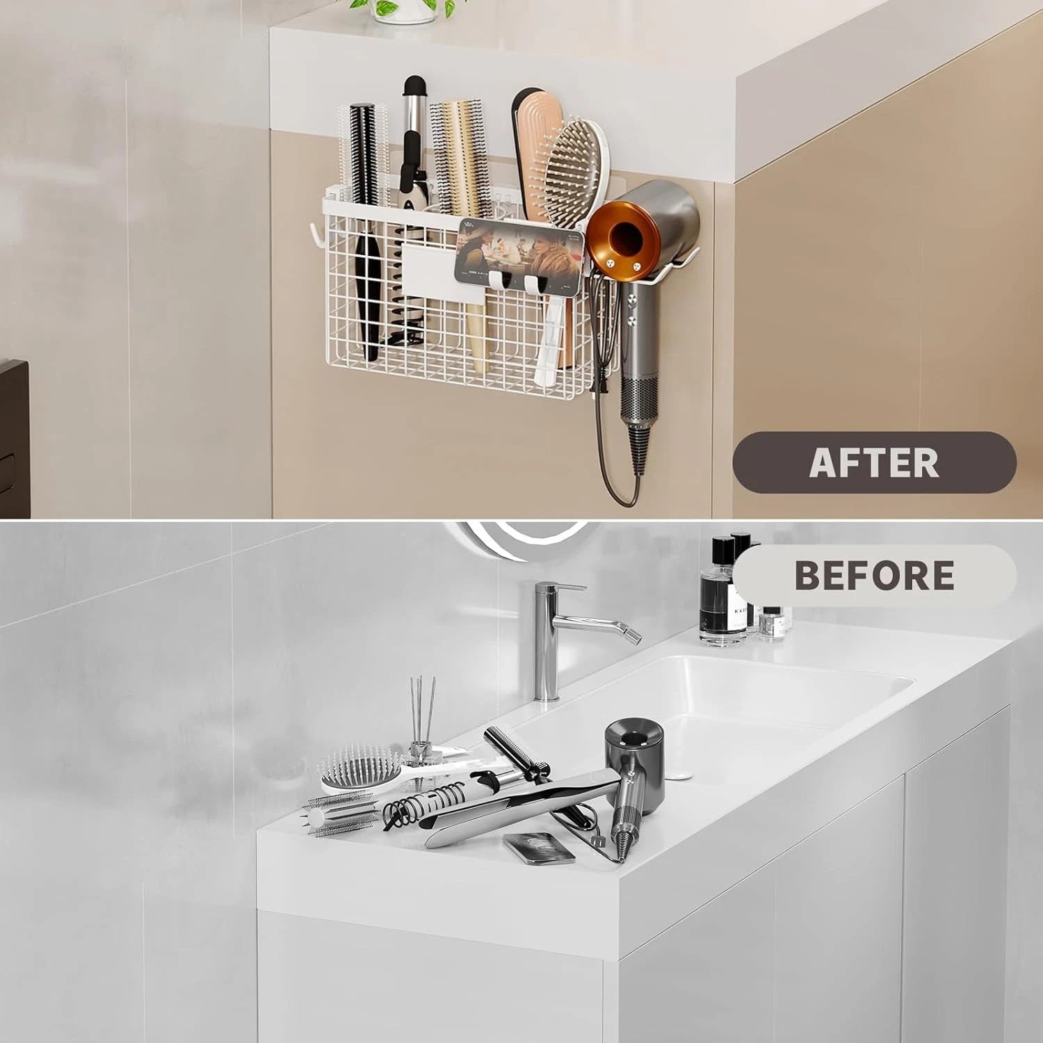 2-piece hair styling tool storage box with adhesive hair dryer holder 07FC0E-D4 - KOEEK