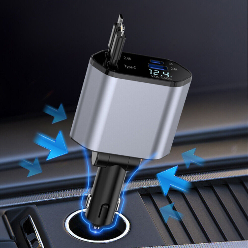 new 4 IN 1 Retractable Car Charger Cable Dual Port USB C PD Fast Charging Adapter koeek - KOEEK