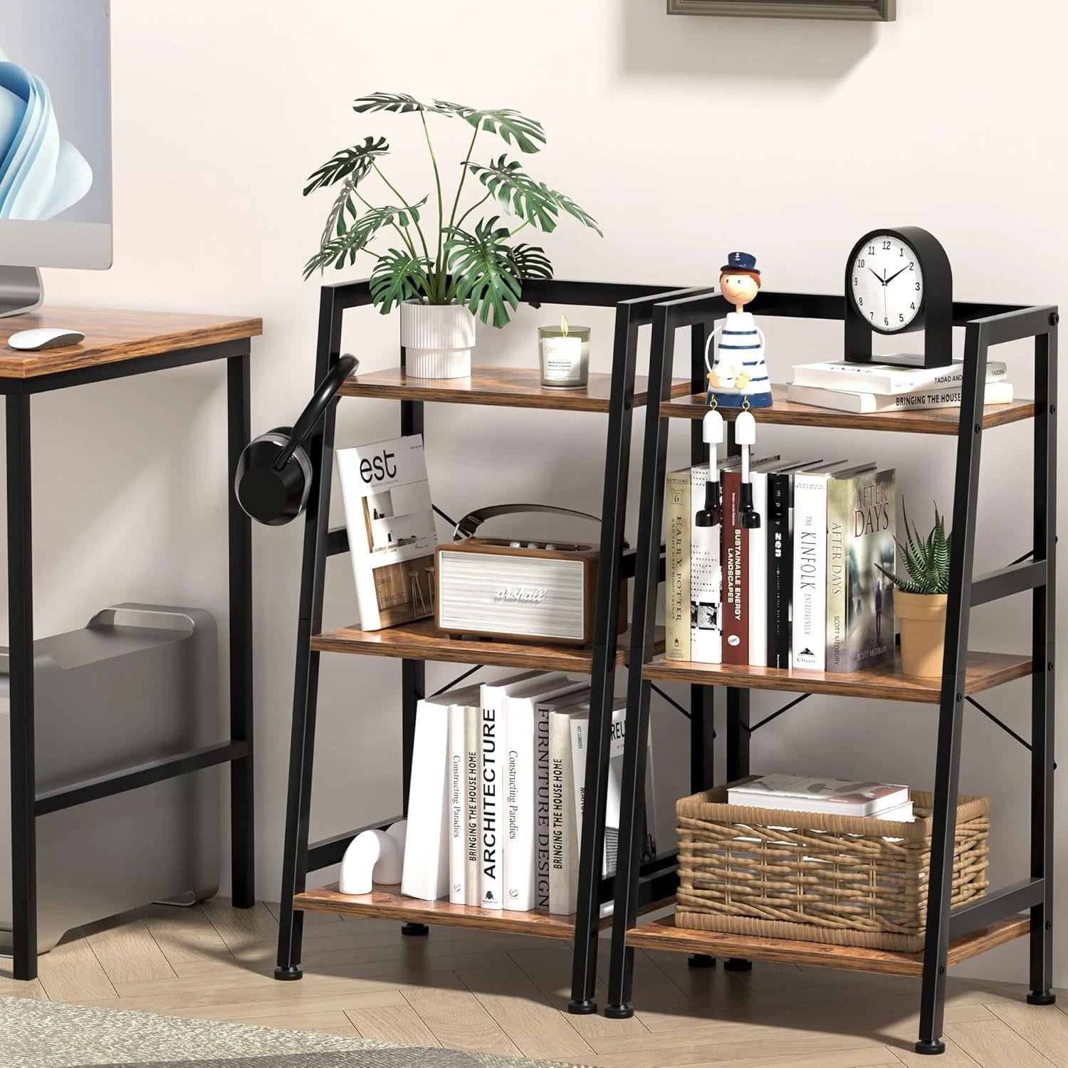 Three-tier bookshelf trapezoidal bookshelf,industrial-style steel frame bookcase 07FC0E-D4 - KOEEK