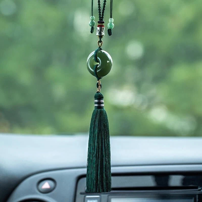 Hetian Jade Safety Buckle Car Hanging Ornament Tassel Rearview Mirror Pendant 07FC0E-D4 - KOEEK