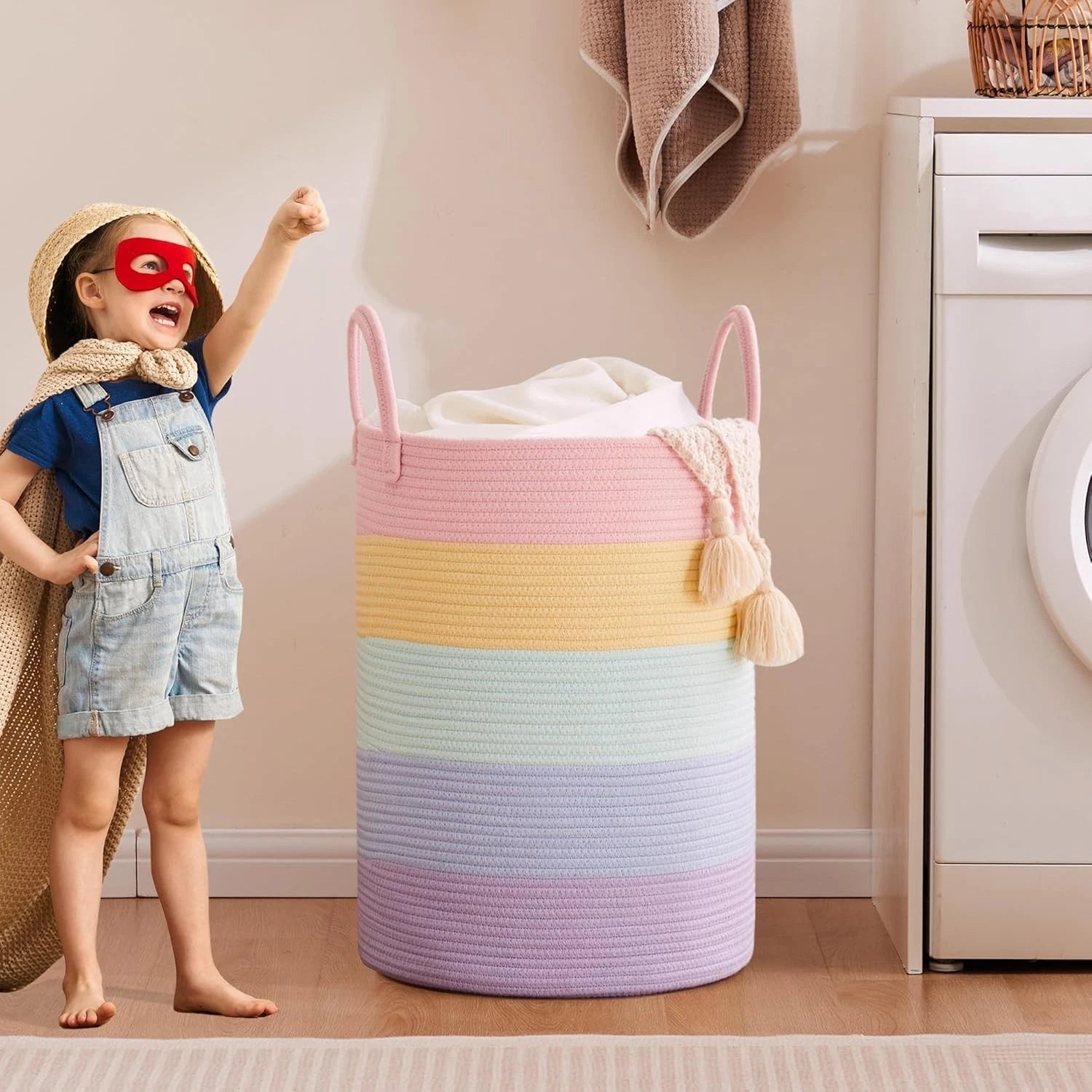 80L Extra Large Rainbow Baby Girls Hamper Laundry Basket for Kids Nursery Pastel 07FC0E-D4 - KOEEK