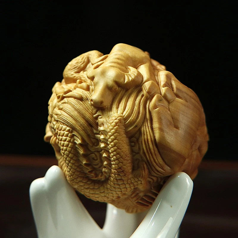 Boxwood Zodiac Carved Ball Handheld Ornament Wooden Craft Gift Decor 1 Pair 07FC0E-D4 - KOEEK