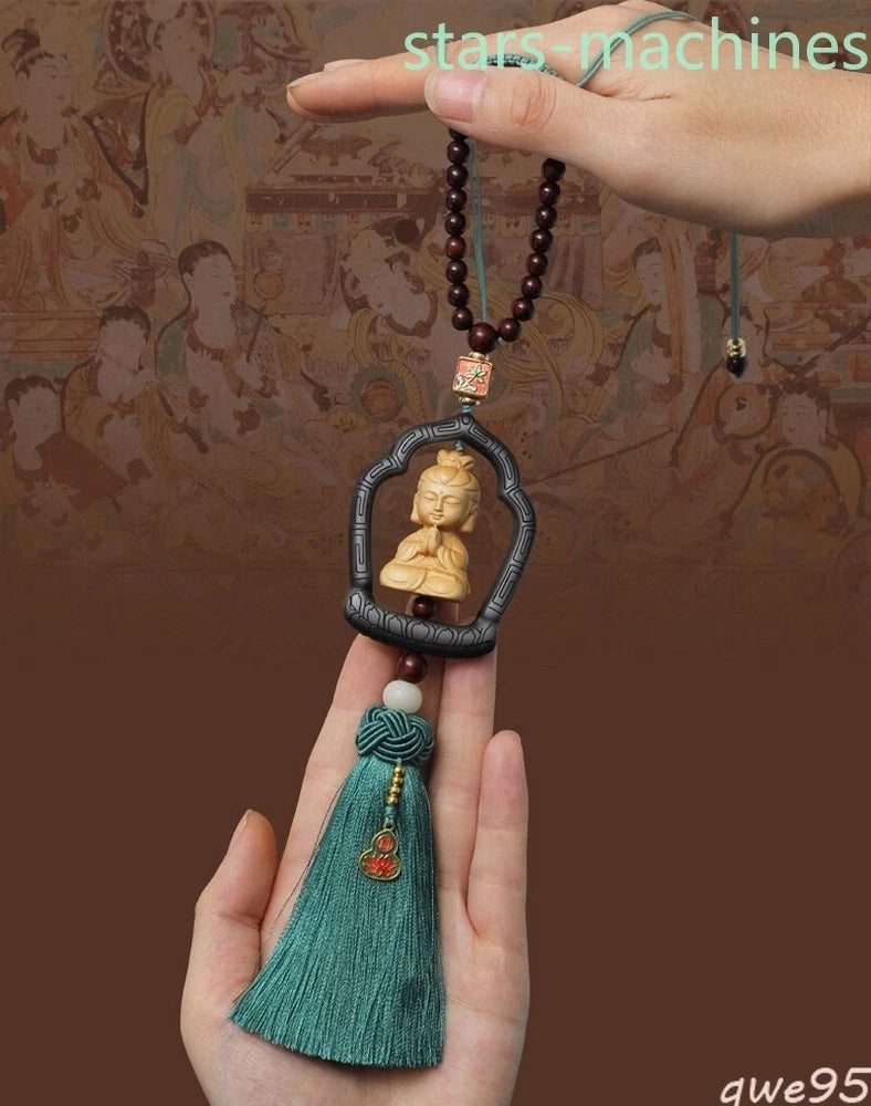 Wood Carved Avalokitesvara Buddhisattva Pendant Statue Shrine Hanging Car Decor 07FC0E-D4 - KOEEK