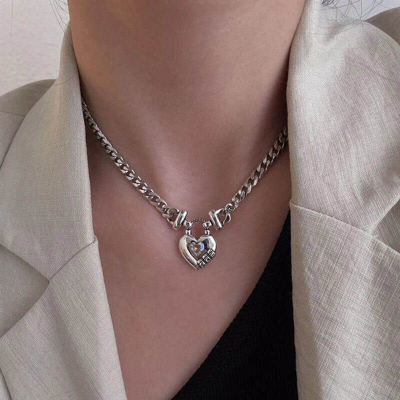 925 Silver women Vintage Unique Heart Pendant Necklace Retro Cuban Link Chain 07FC0E-D4 - KOEEK