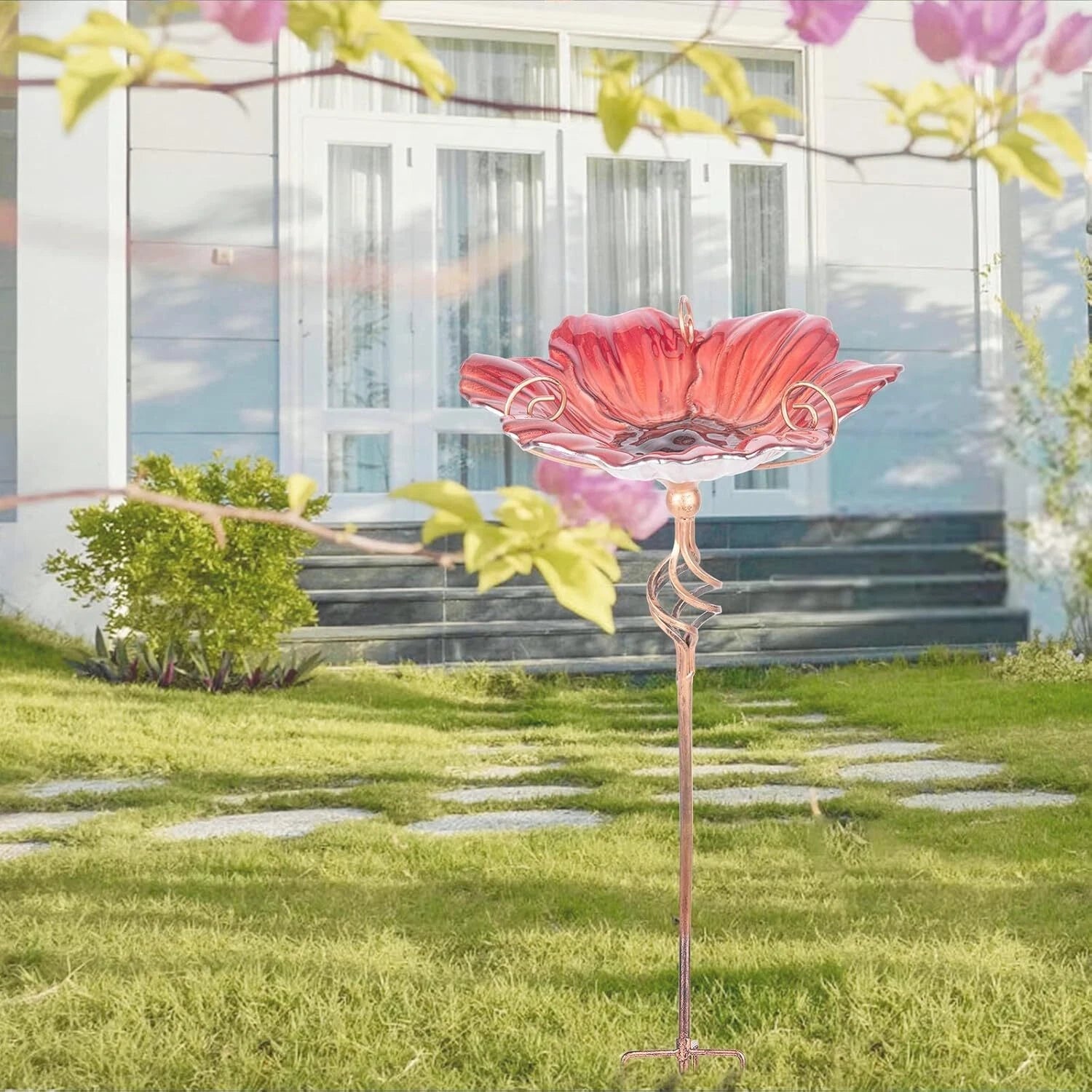 31 Inch Tall Glass Bird Pond Feeder with Metal Stake Garden Patio Outdoor Red 07FC0E-D4 - KOEEK