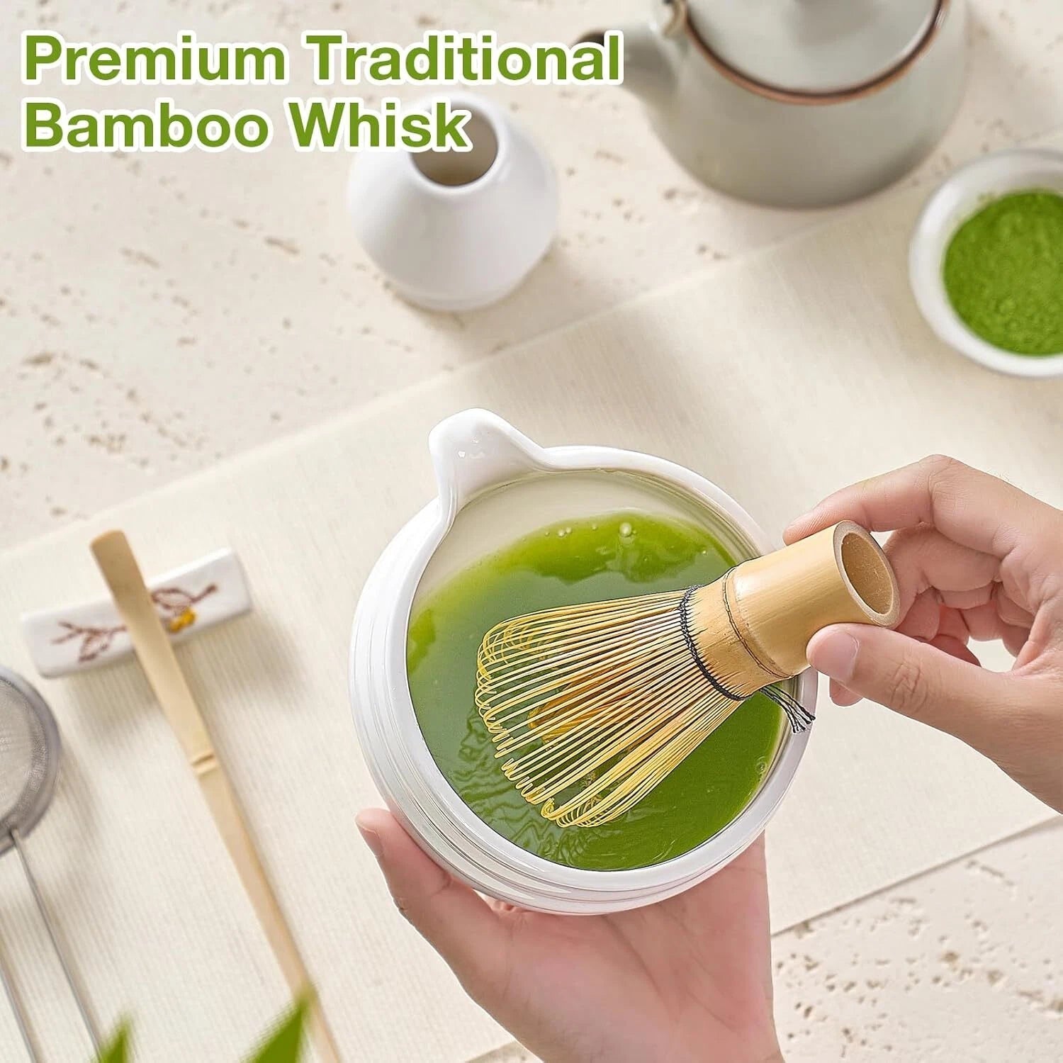 Matcha Whisk Set, Japanese Tea Set (5pcs) includes Matcha Bowl with Spout (19 oz 07FC0E-D4 - KOEEK