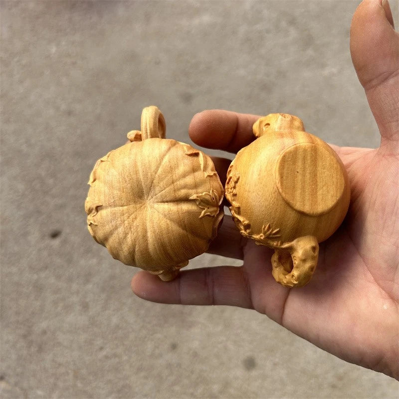 8cm Boxwood HandCarved Auspicious Pumpkin Plum Blossom Pot Tea Pet Ornament 07FC0E-D4 - KOEEK