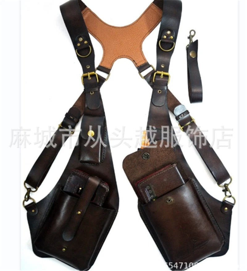 Steampunk Vintage PU Harness Bag Shoulder Double Phone Wallet Case Holster Bags 07FC0E-D4 - KOEEK