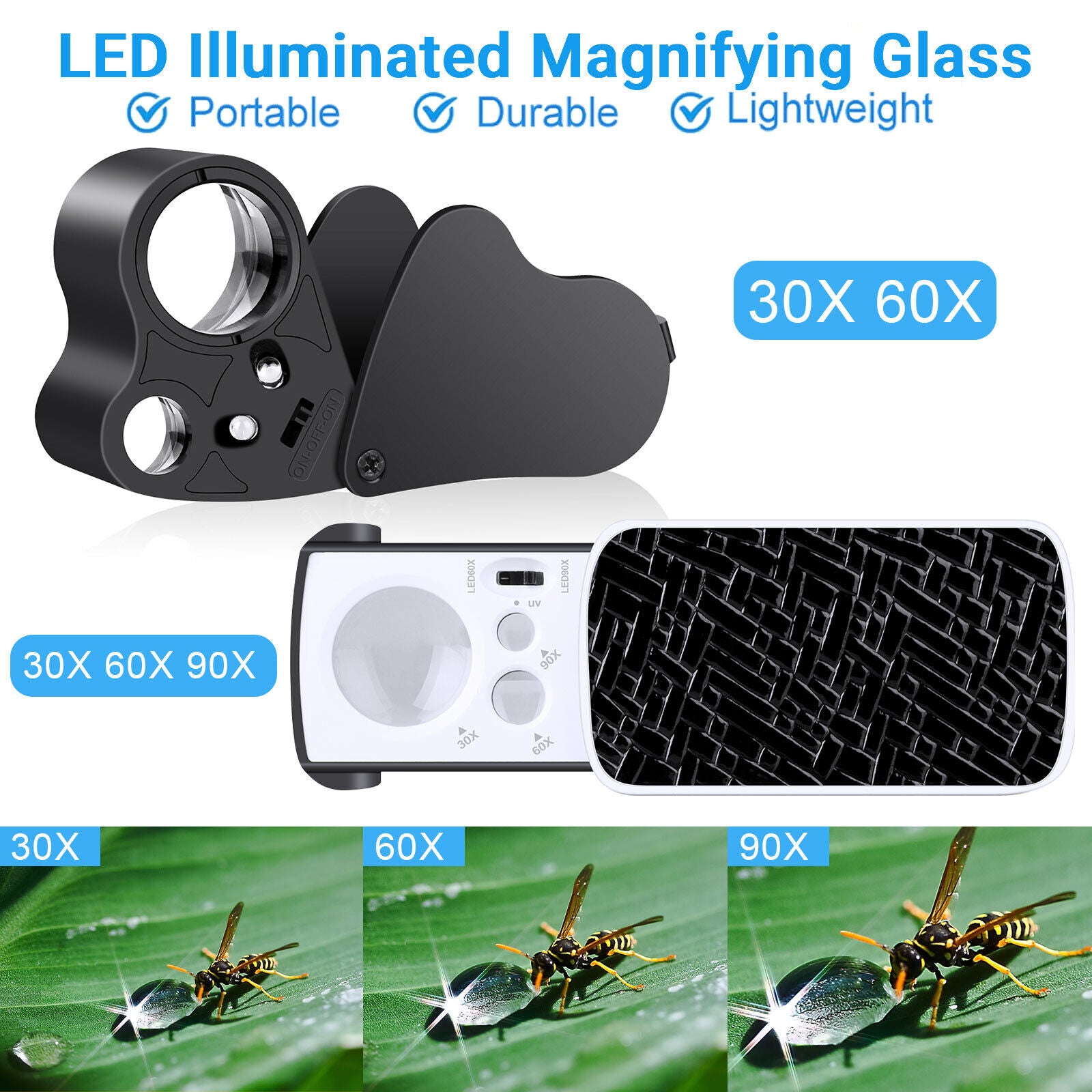 2x Pocket 30X 60X 90X Jewelry Magnifier Magnifying Loop Eye Glass with LED Light koeek - KOEEK