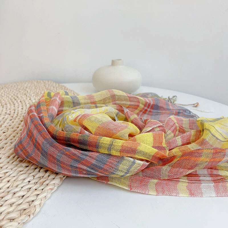 Unisex  Flax Linen Thin Scarf Tasseled Preppy Plaid Shawl Bandana Wrap 07FC0E-D4 - KOEEK