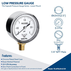 new 0-3 Psi Low Pressure Gauge, Capsule 2-1/2" Dial Size, NPT 0-3PSI 07FC0E-D4 - KOEEK