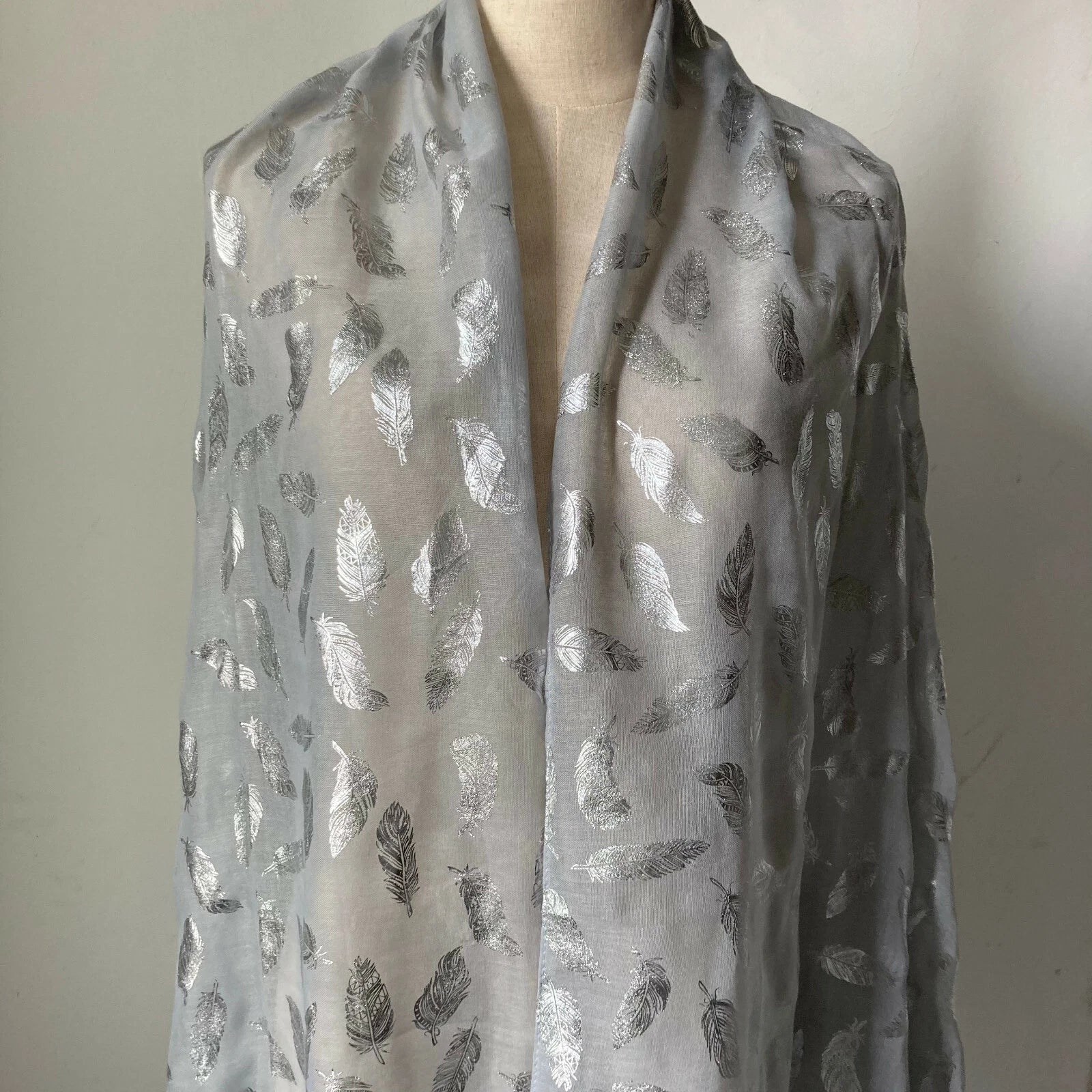 Womens Glitter Metallic Silver Feather Scarf Tassel Shawl Long Pashmina Stole 07FC0E-D4 - KOEEK