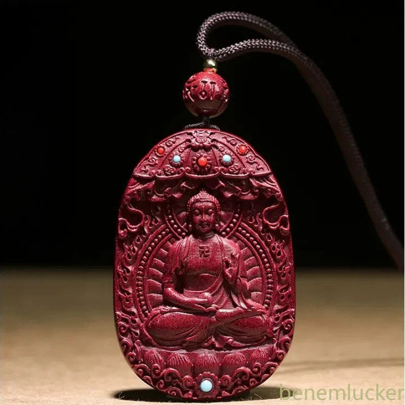 Natural Cinnabar Handcarved Twelve Zodiac Buddha Statue Pendant Amulet Necklace 07FC0E-D4 - KOEEK