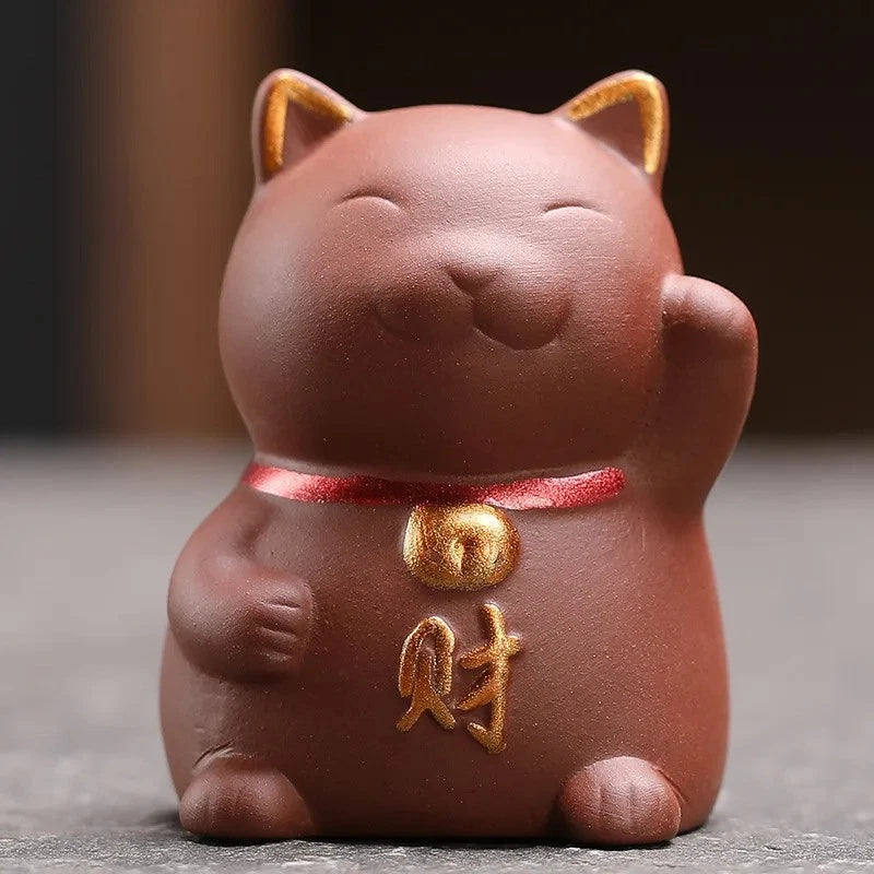 5.5cm Purple Clay Handcarved luck Cat Statue Tea Pet Absorbing Wealth Ornament 07FC0E-D4 - KOEEK