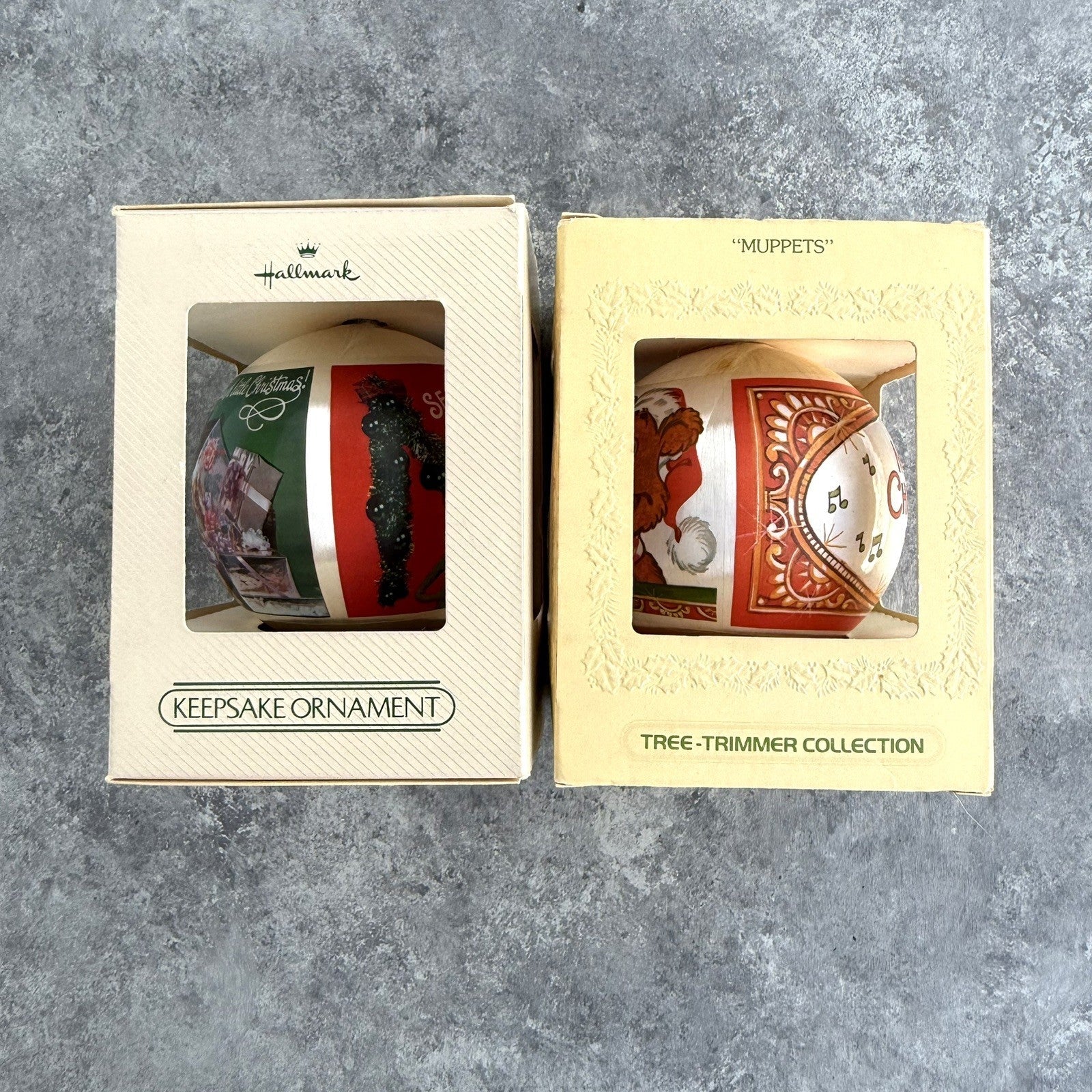 (2) Hallmark Kermit Miss Piggy Muppets 1980 & 1982 Satin Ball Ornament w/Box Lot HALLMARK - KOEEK
