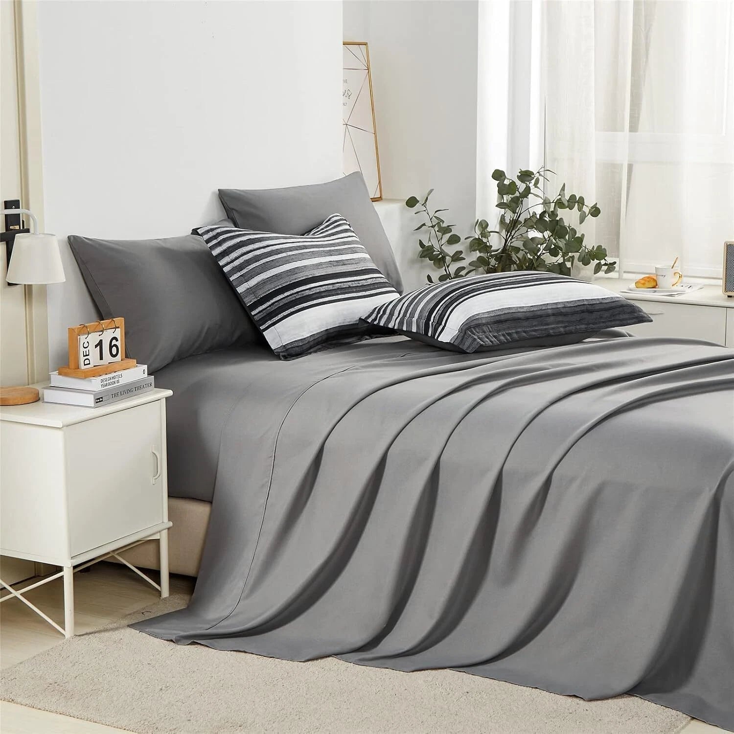 7-Piece Bagged Striped Queen Comforter Set, All Seasons (Gray, Queen) 07FC0E-D4 - KOEEK