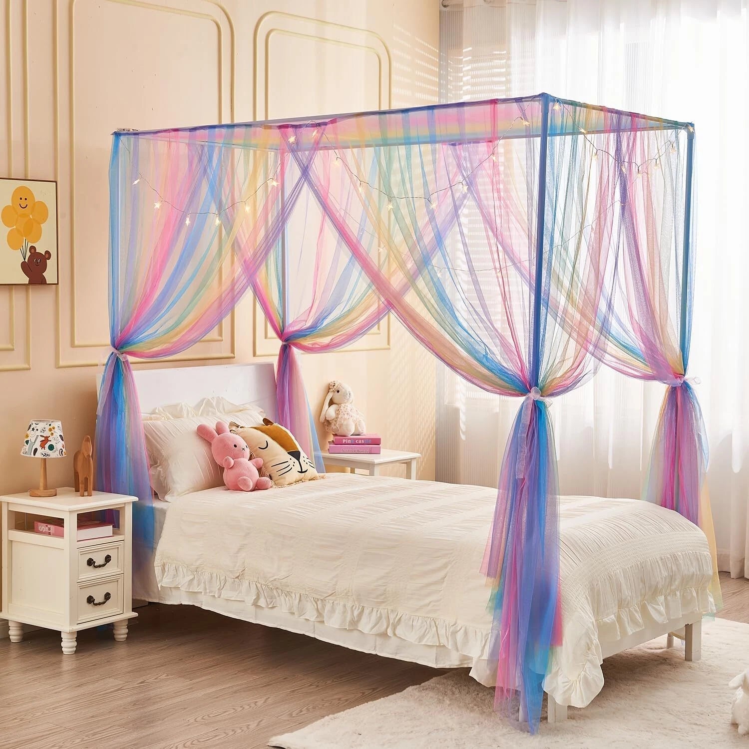 Rainbow Bed Canopy for Girls Kids with Light, 4 Corner Post Princess Canopy Bed 07FC0E-D4 - KOEEK