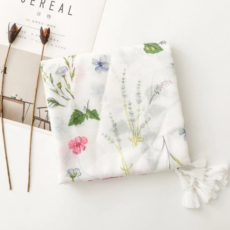 Women White Garden Floral Stole Scarf Summer Spring Soft Breathable Thin Shawl 07FC0E-D4 - KOEEK