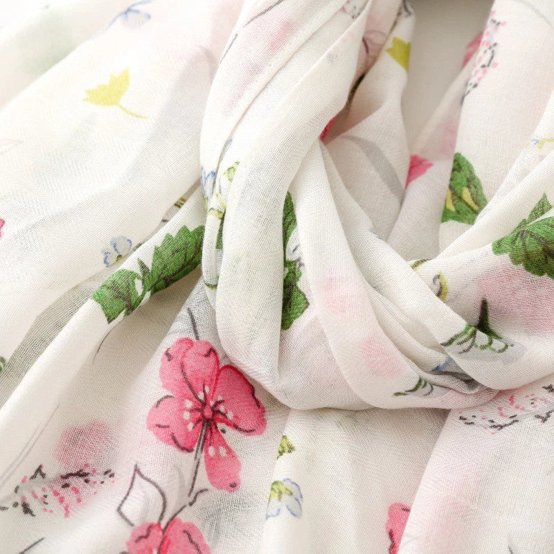 Women White Garden Floral Stole Scarf Summer Spring Soft Breathable Thin Shawl 07FC0E-D4 - KOEEK