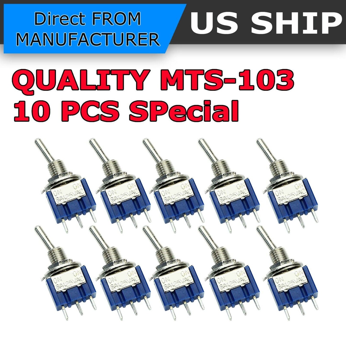 10 stk Mini-vippekontakt SPDT ON-OFF-ON 3 Position 6mm 12V 110V 220V MTS-103