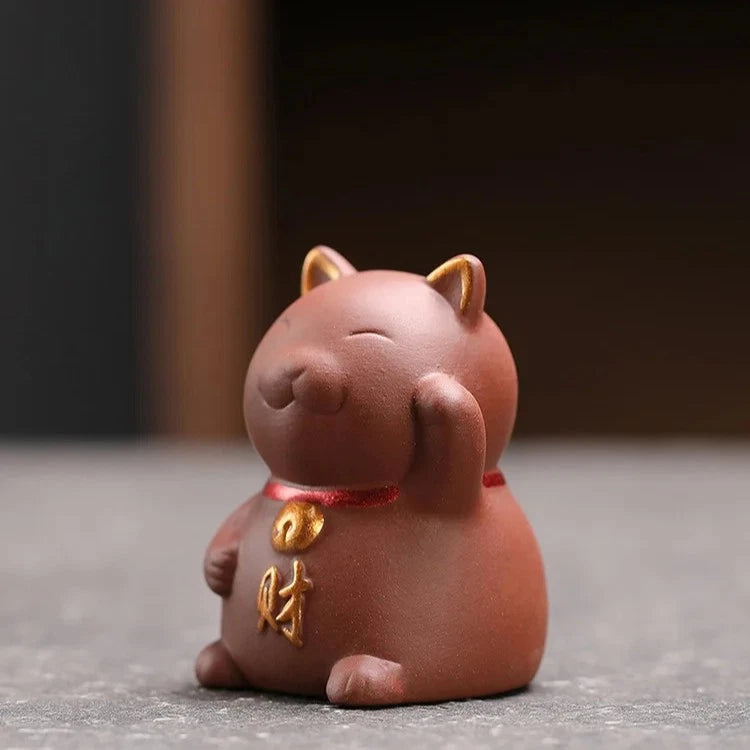 5.5cm Purple Clay Handcarved luck Cat Statue Tea Pet Absorbing Wealth Ornament 07FC0E-D4 - KOEEK