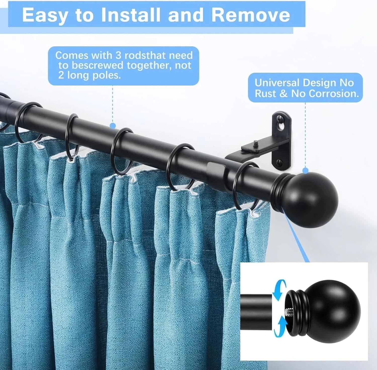The maximum adjustable length of the curtain rod is 60 inches. 07FC0E-D4 - KOEEK