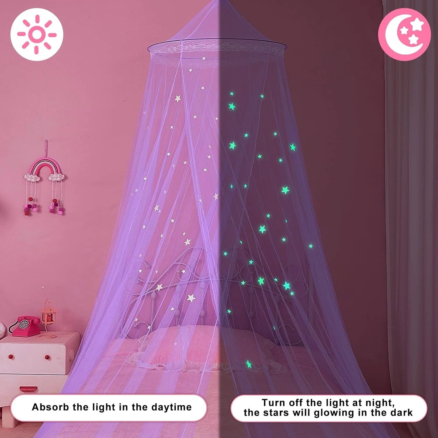 Bed Canopy for Girls Room Bed Canopy Curtains with Led Lights Mosquito Net DIY 07FC0E-D4 - KOEEK