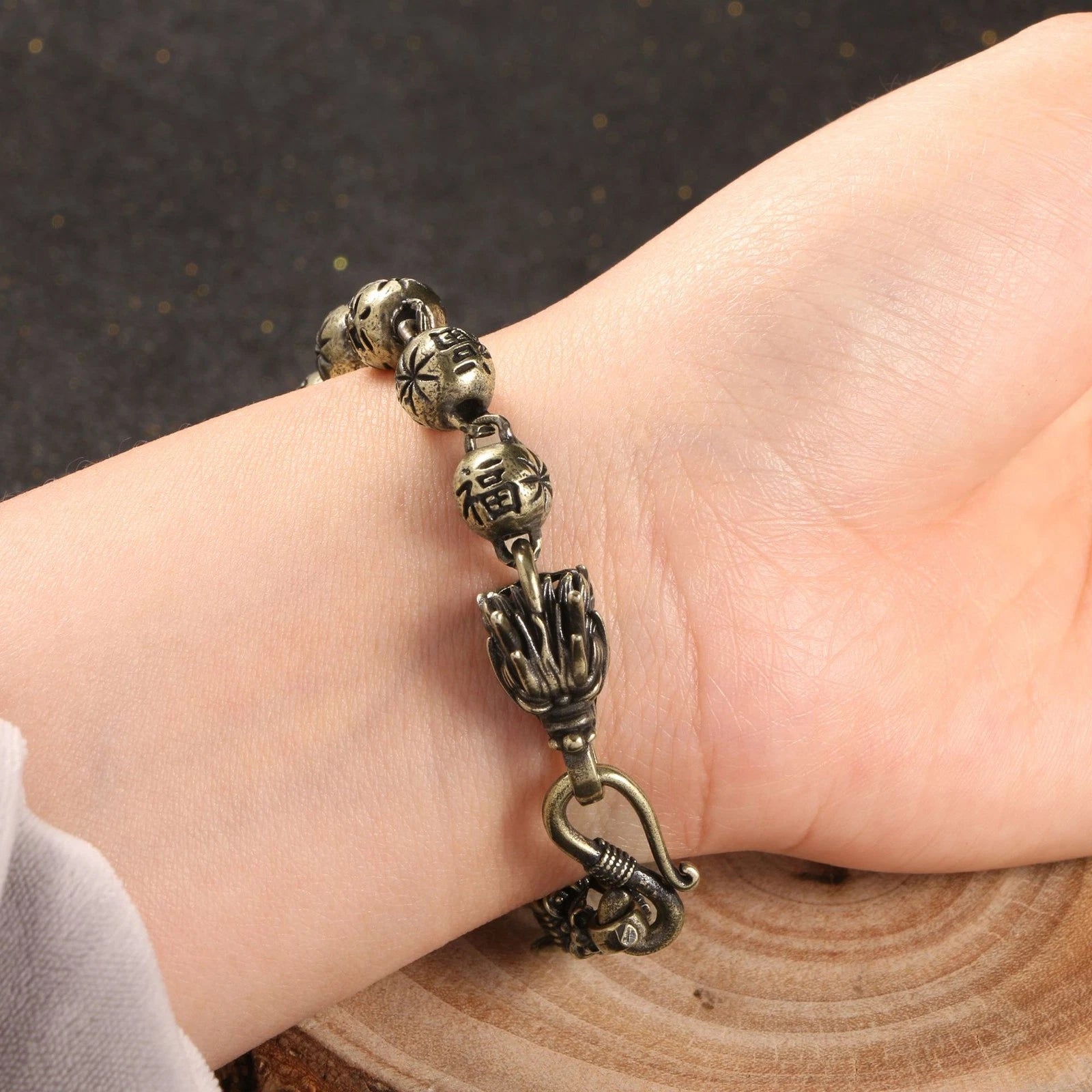 Vintage Zodiac Dragon Bracelet Brass Aged Bead Chain Buddha Charm Copper Jewelry 07FC0E-D4 - KOEEK