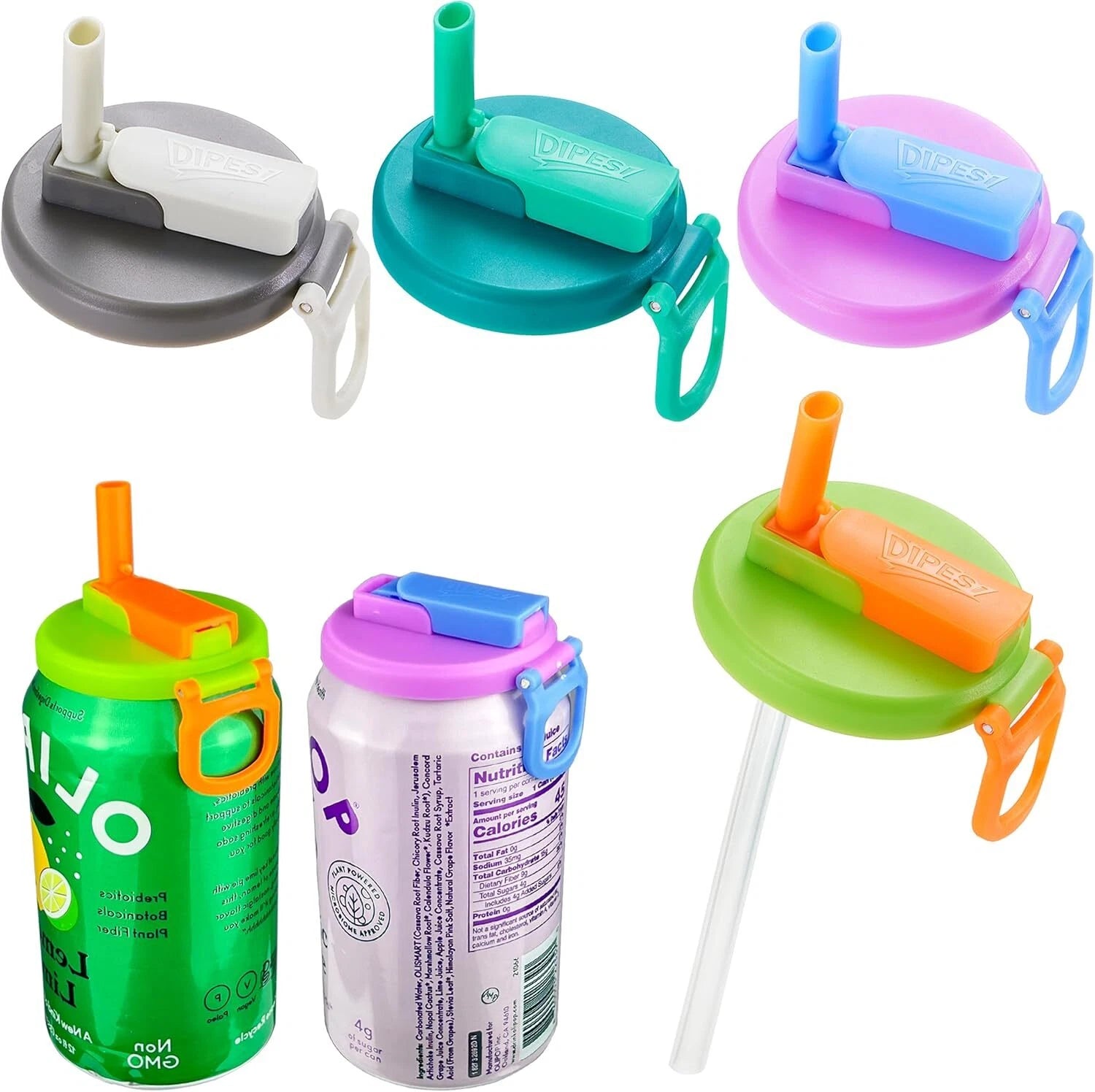 4-pack 4 Color Soda Can Lids with straw, Soda Can Covers with Silicone straw 07FC0E-D4 - KOEEK