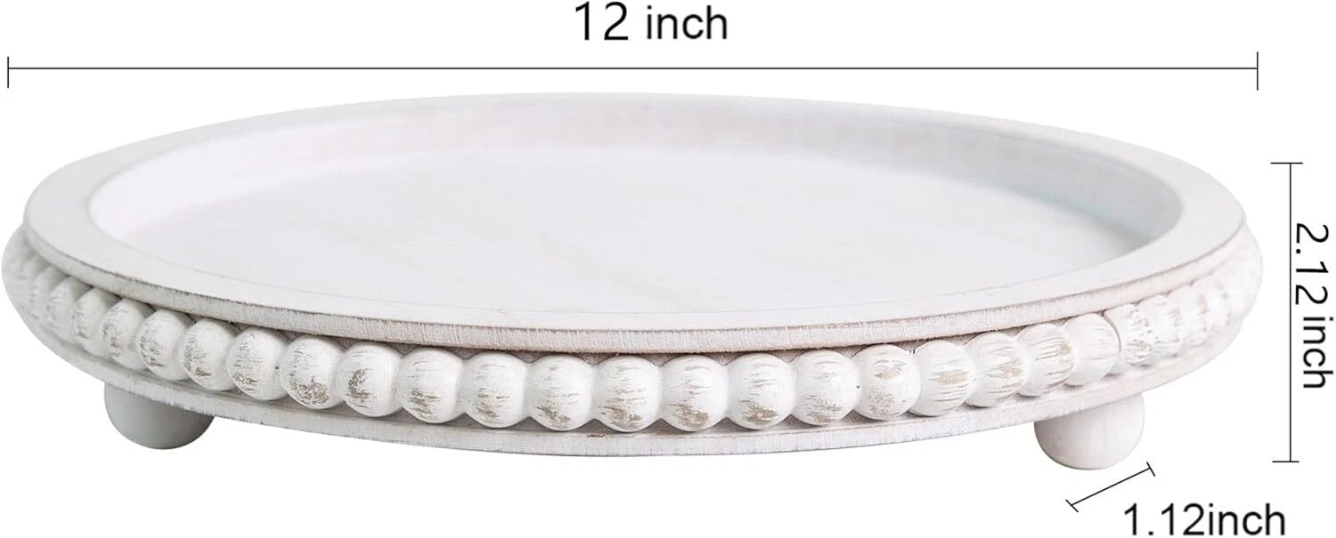 12in Round Wood Beaded Tray -White, Distressed,Farmhouse Rustic -Decorative Tray 07FC0E-D4 - KOEEK