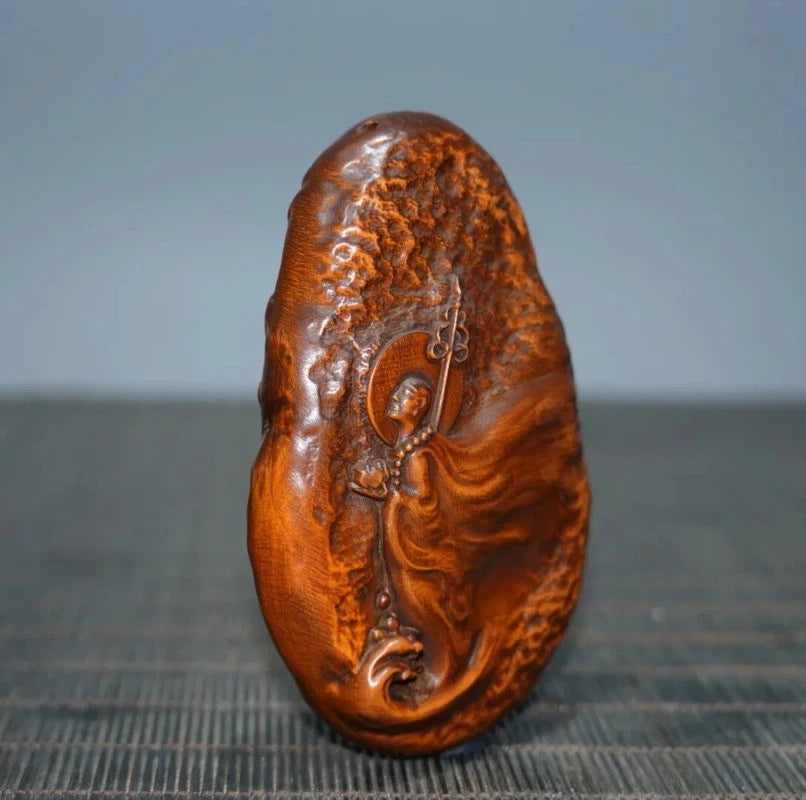 Exquisitely Boxwood HandCarved Ksitigarbha Bodhisattva Board Pendant Statue 07FC0E-D4 - KOEEK