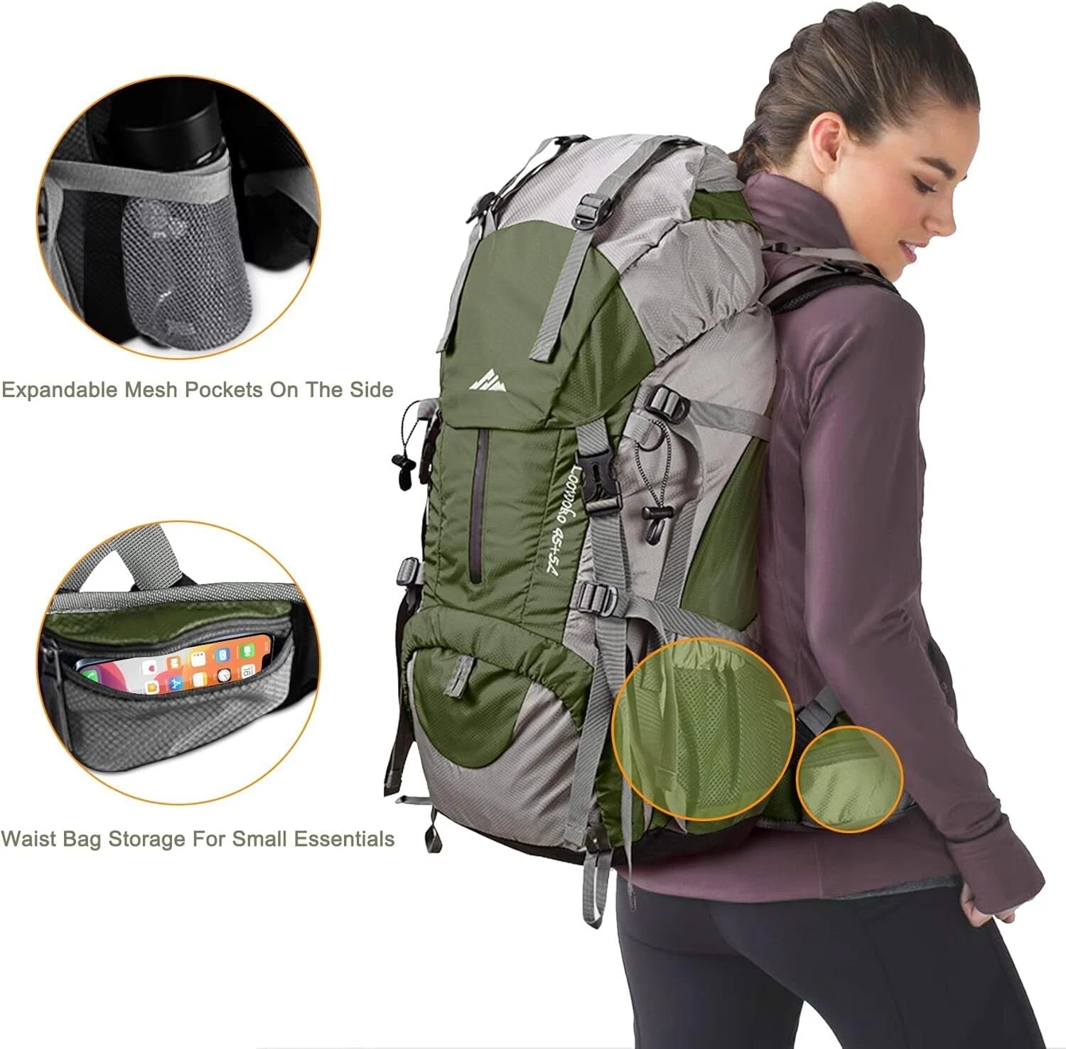 50L Hiking Travel Backpack, Waterproof Camping Essentials Bag with Rain Cover 07FC0E-D4 - KOEEK