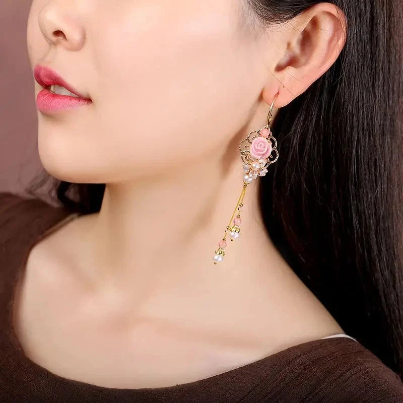 1Pair Chinese Ethnic Long Earrings Pink Flower Tassels Hanfu Accessories Jewelry 07FC0E-D4 - KOEEK