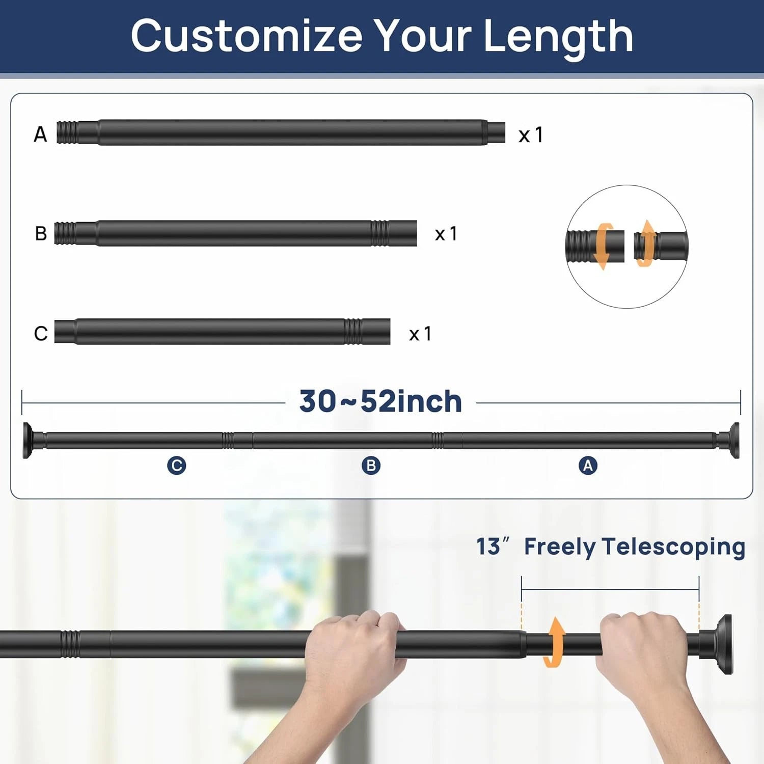 Matte black shower curtain rod, adjustable length (30 to 52 inches) 07FC0E-D4 - KOEEK