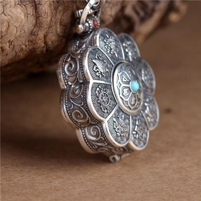 Lotus Eight Treasures Six Syllable Mantra Openable Amulet Box Ethnic Necklace 07FC0E-D4 - KOEEK