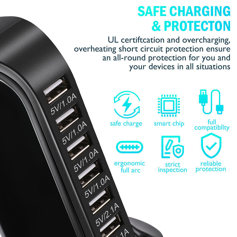 ny 6 Multi Port USB Type-C Hub Laderstasjon Tower Desktop Lader Strømadapter