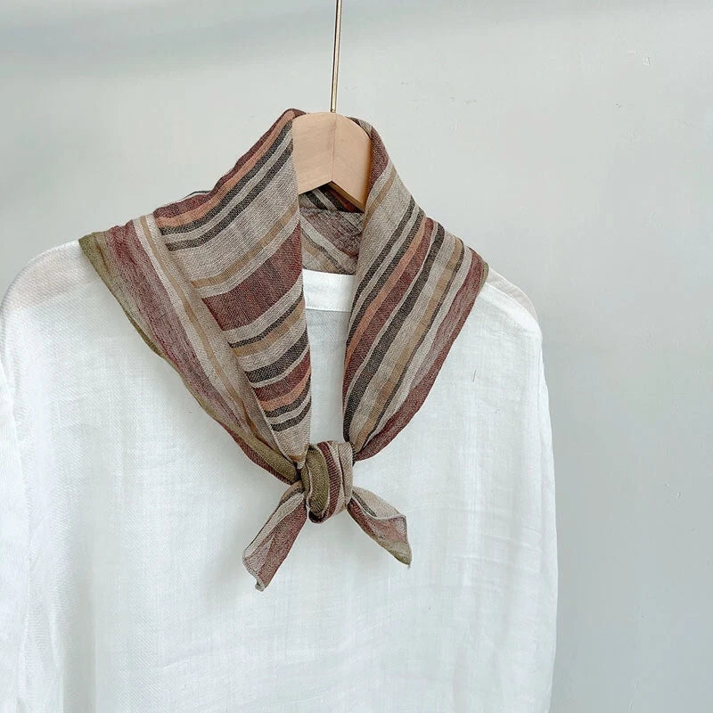 Womens  Flax Linen Brown Striped Bandana Neck Wrap Neckerchief Shawl Scarf 07FC0E-D4 - KOEEK