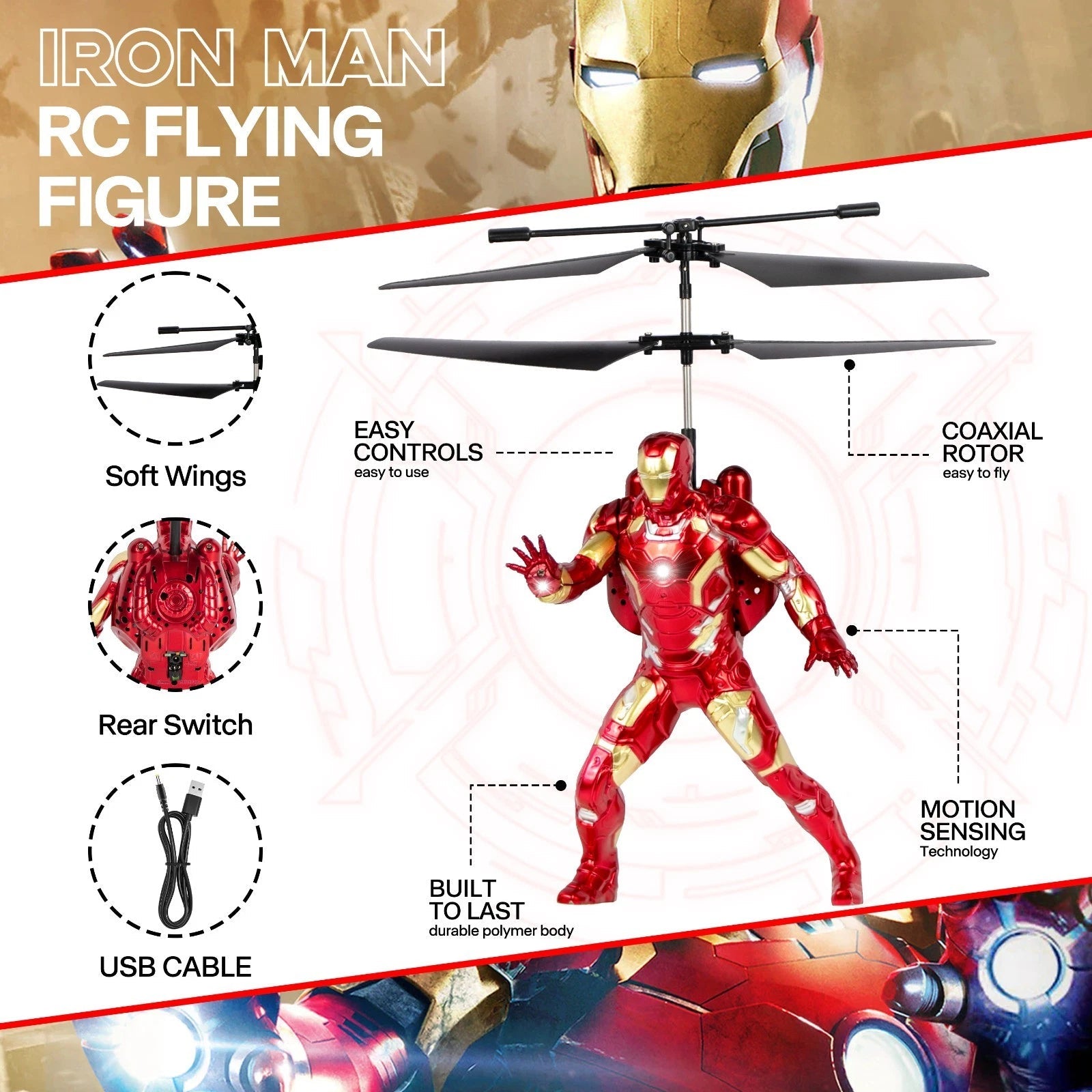 Marvel Avengers Iron Man RC Helicopter with LED Lights and Gyro Stabilizer MARVEL - KOEEK