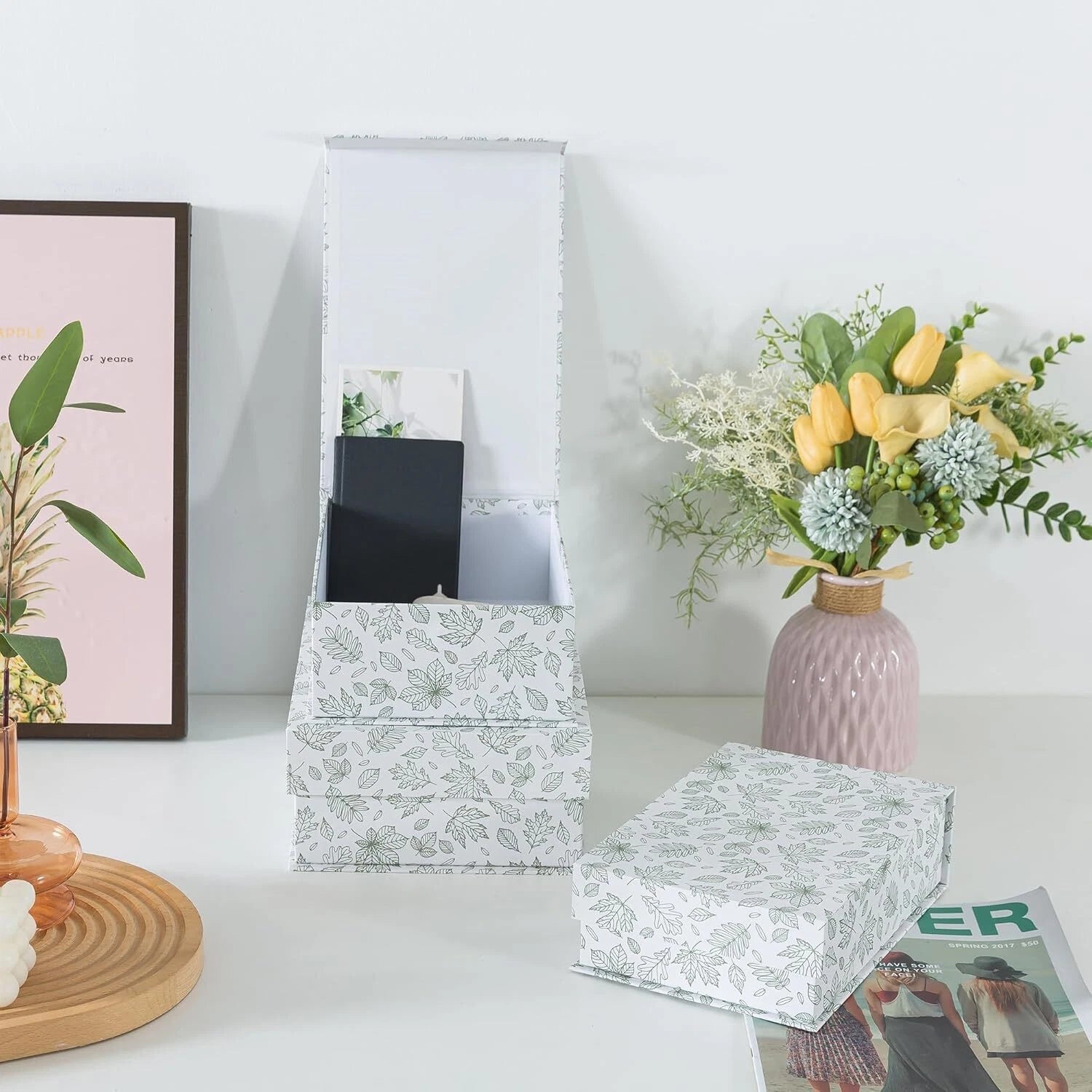 Decorative Cardboard Storage Boxes, Set of 3 Light Green Floral Pattern Keepsake 07FC0E-D4 - KOEEK
