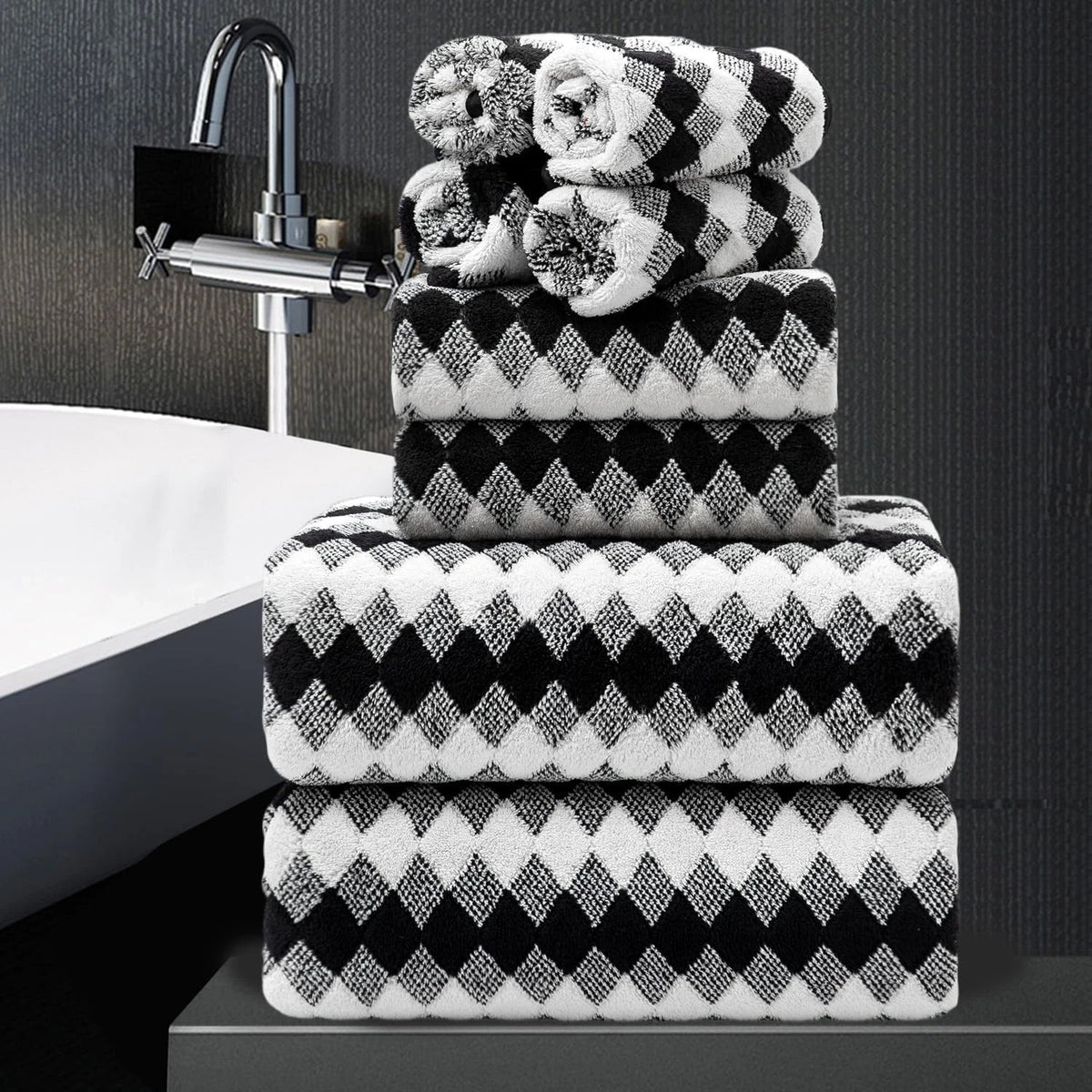 8-piece bathroom towel set (black and white) | 2 extra-large bath towels 07FC0E-D4 - KOEEK