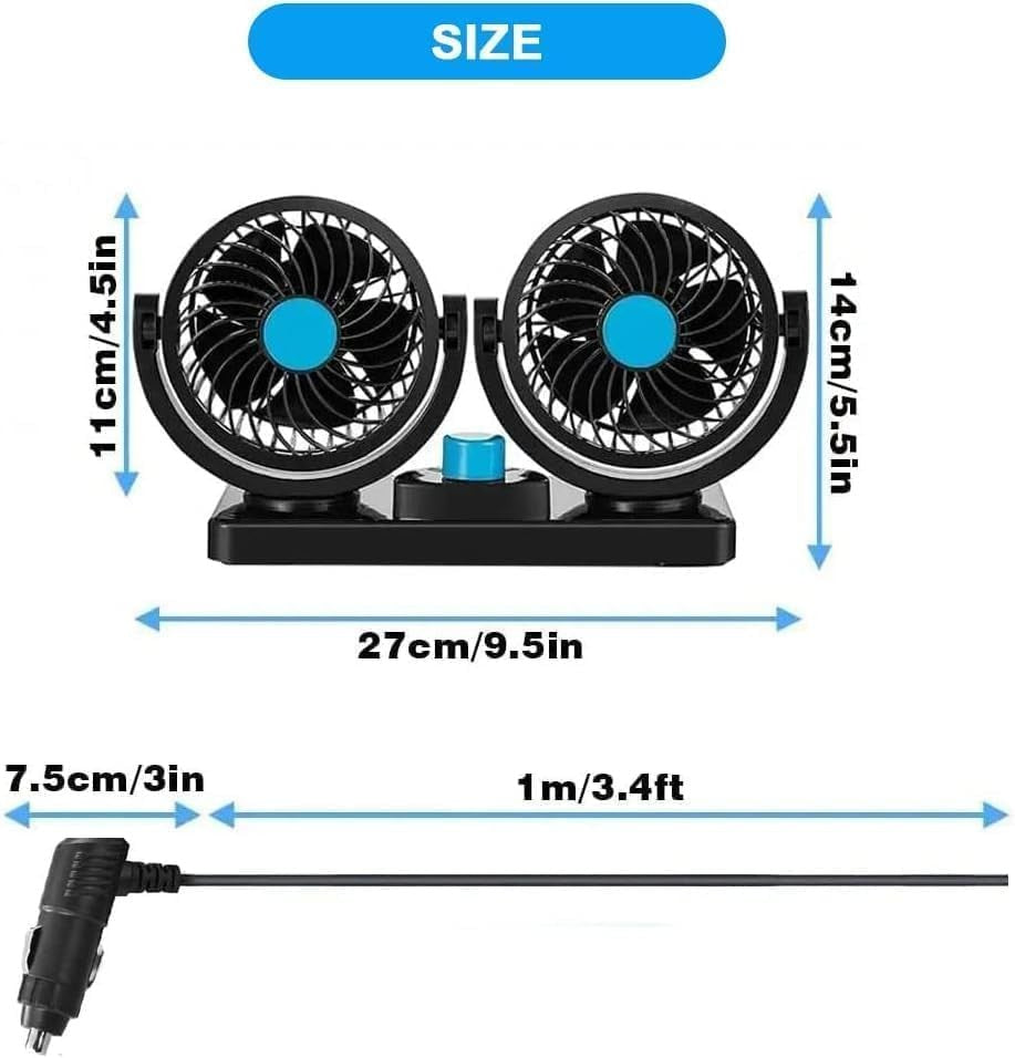 new Car Fan 12V, 360 Degree Rotatable Fan, Electric 2 Speed Dual Head Blue 07FC0E-D4 - KOEEK