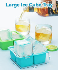 new 2 Pack Silicone Ice Cube Tray with Lid -Large 4.5*4.5*2.1in, Green，Blue 07FC0E-D4 - KOEEK