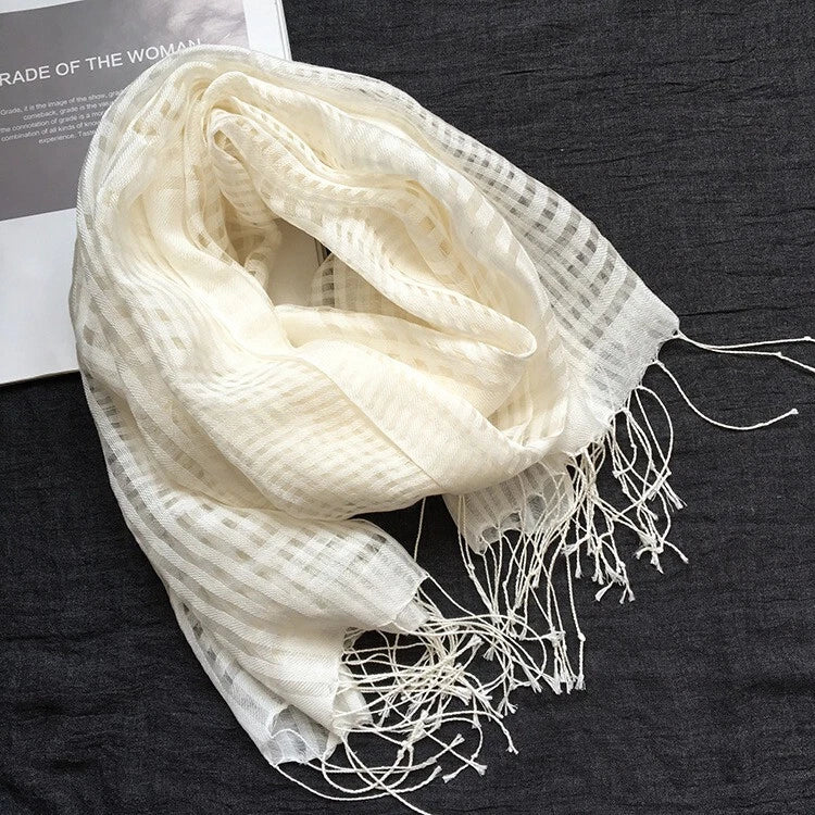 Womens Plaid Tasseled White Wool Silk Scarf Breathable Veil Shawl Scarves Stole 07FC0E-D4 - KOEEK