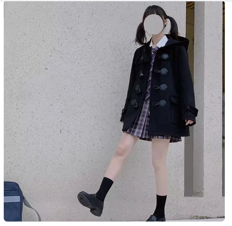 Japanese College Girls Wool Blend JK Coats Uniform Hooded Winter Warm Overcoat 07FC0E-D4 - KOEEK