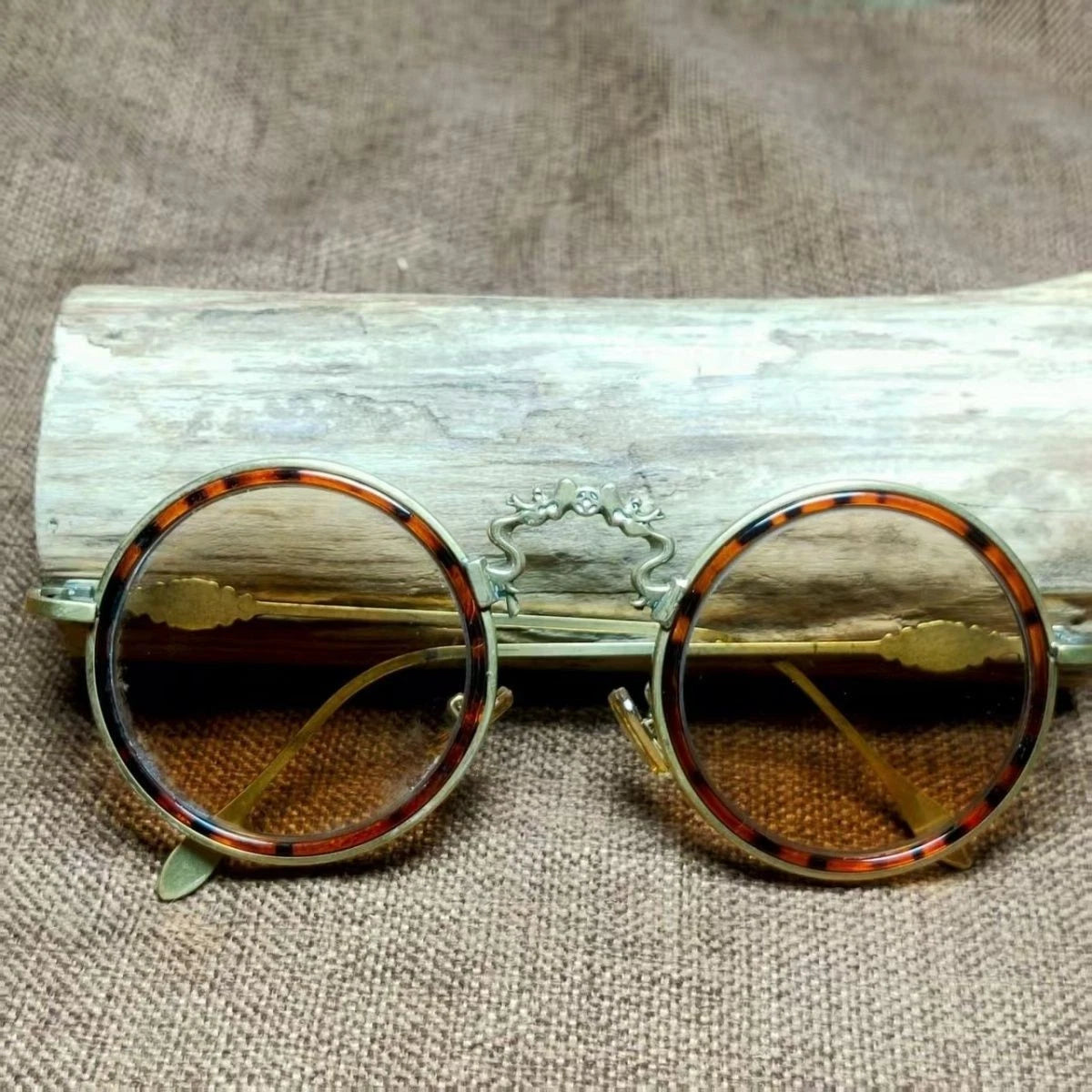 Vintage Chinese Crystal Round Glasses Tea Tint Copper Frame Eyewear Sunglasses 07FC0E-D4 - KOEEK